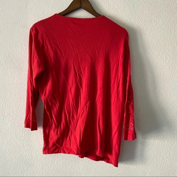 100% Cotton Embellished Top Crewneck Red 3/4 Sleeve Shirt Size XL Holiday Fall - Picture 7 of 8